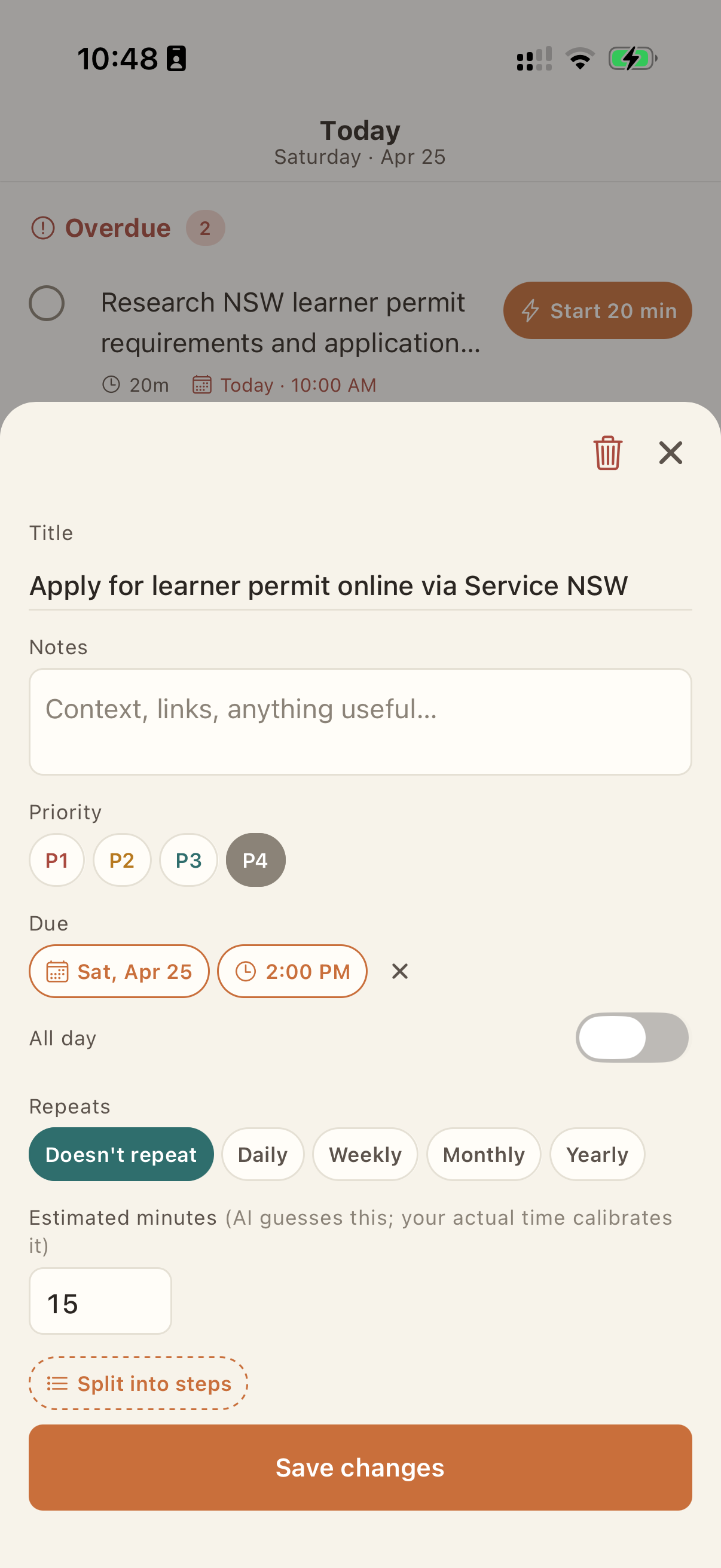 Screenshot of a task showing 'AI guess: 30m, your pace: 1h 5m'