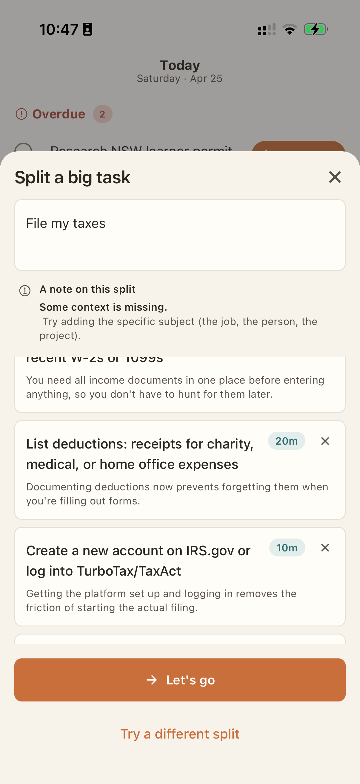 Screenshot of the Startiny splitter turning 'file my taxes' into 6 atomic steps with time estimates